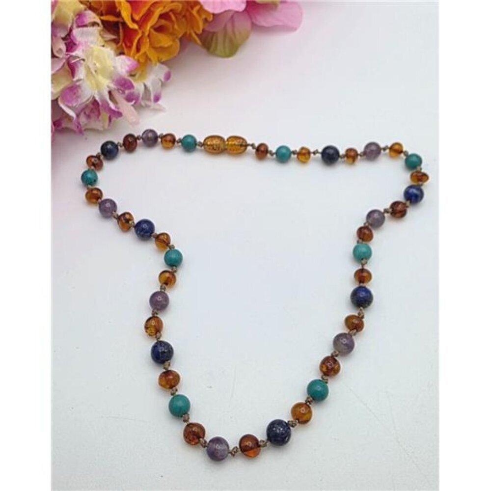 Hand-Knotted Lapis, Amethyst, Amber & Glass Beaded Choker Necklace 15"